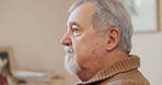 Home, elderly man and sad with thinking in retirement for nostalgia, mental health and depression. Senior person, remember and lonely with idea in living room for aging, worry and unhappy in house
