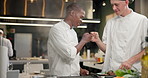 Men, chef and kitchen with fist bump in restaurant for cooking approval, inspection or customer service. Male people, friends and fine dining meal for professional culinary food, plate or hospitality