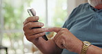 Home, hands and old man with smartphone, typing and internet with connection, social media and contact. Apartment, pensioner and senior guy with cellphone, closeup and mobile user with app and scroll
