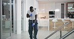 Man, cleaner and mopping with dancing in office at night for enjoyment, cleaning service fun and working with earphones. Janitor, African worker and movement at job for hygiene, housekeeping and maid