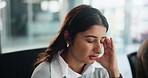 Call center, stress and headache by woman in office consulting for contact us with glitch, 404 or bad connection. Telemarketing, anxiety or consultant frustrated by workload or troubleshooting fail