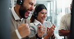 Business people, telemarketing and celebration with group, call center and computer with kpi review, positive email and good news. Teamwork, customer service or woman with bonus, promotion or excited