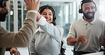 Call center, wow and business people high five in office celebration, applause and excited for sales, target or success. Telemarketing, surprise or happy consultant team with winner, news or feedback