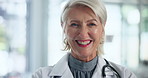 Mature, woman and doctor or face with smile for medical healthcare or cardiology research, stethoscope or clinic. Female person, portrait and hospital worker for life insurance, consultation or trust