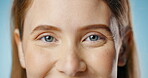 Woman, eyes and studio for optometry or vision assessment, exam and eyecare or self care for wellness or wellbeing. Girl, closeup and contact lenses for glaucoma or ophthalmology, result and focus.