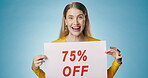 Girl, face and dancing in studio with poster for clearance sale for retail or marketing for advertisement news. Woman, billboard and blue background for fashion promotion, app offer and announcement.