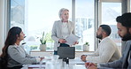 Mature woman, paperwork and leader in business meeting, discussion and talking on company plan. Female person, mentor and speaking in boardroom for sales, documents and manager for collaboration