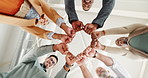 Group, people and low angle with fist at office with circle, face and 360 for diversity, happy and support. Men, women and solidarity with scrum, huddle and portrait with synergy, link and connection