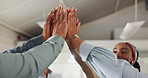 Business people, high five and group at startup in office with celebration, goals and congratulations for achievement. Men, women and teamwork for success, winning and growth at creative media agency