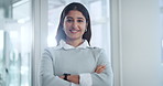 Indian woman, face and confident in office, smile and ambition for career opportunity. Female person, portrait and employee for startup company, workplace and positive or arms crossed for agency