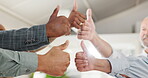 Business people, hands and thumbs up for success, support and teamwork in office collaboration. Worker, group or circle with like, yes and okay for good job, winning and well done for project goals