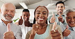 Business people, face and thumbs up for success, celebration and teamwork in office support. Portrait, group and hands with like, yes and okay for good job, winning and well done for project goals