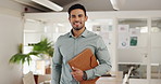 Documents, office and face of business man with company pride, confidence and paperwork for career. Creative startup, professional and portrait of person in workplace for project, working and job