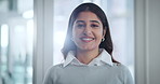 Indian woman, face and smile in office, confident and internship for career opportunity. Female person, portrait and employee for startup company, workplace and positive or consultant for agency