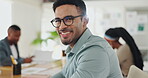 Business man, face and planning in meeting with notes for accounting, finance and revenue at startup company. Portrait of smart worker, accountant or auditor in glasses writing and smile for about us