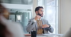 Business, man and office with meeting for teamwork, collaboration and feedback on company growth as leader. Ceo, boss and corporate at boardroom for strategy, report  and progress for project