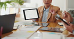 Screen, tablet and hands of business people in meeting for statistics, website and planning. Teamwork, creative and men and women on digital tech for data analysis, review and research in office