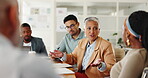 Senior, woman or business people in meeting with talking in teamwork for creative decision making. Collaboration, manager or professional employees with paperwork for project brainstorming in office