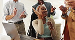 Laptop, wow and business people with high five applause in office celebration for winner feedback or review. Deal, success or team clapping for pc alert of startup loan application, offer or approval