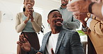 Man, celebration and team with applause by laptop for notification, deal or success in modern office. Group, leader and business people by computer for news, feedback or agreement for project at job