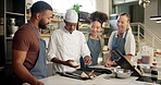 Male chef, cooking class and vegetables in kitchen for learn, teacher and food for professional skills. Restaurant, cutting or culinary student with fresh ingredients, onion and prepare with recipe