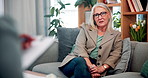 Mature, woman and counseling on sofa in therapy with psychologist for anxiety, advice and info checklist. Therapist, office and person in consultation for depression, mental health and meeting notes