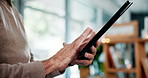 Scroll, hands and senior man with tablet, connection and subscription to online news website in home. Browse, internet and person in retirement with communication, search and digital app in lounge