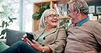 Smile, phone and senior couple on sofa with connection, subscription or online news website in home. Scroll, old woman and happy man on couch with smartphone, retirement and mobile app in living room