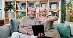 Video call, tablet and senior couple on sofa with connection, talking or online chat in home. Virtual conversation, old woman and happy man on couch with smile, wave and digital app in living room