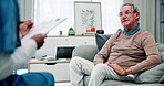 Mature, man and therapy consultation with nurse for healthcare, advice and writing info on checklist. Therapist, office and person in counseling for depression, mental health and notes in meeting