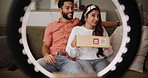 Couple, people and box with ring light for in home social media, post and campaign as influencer. Happy, content creator and record or live stream with vlog, paid partnership or marketing for brand