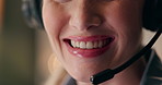 Woman, mouth and headphones in closeup with smile for call center, contact us for support or assistance. Female person, teeth and happiness with headset for telemarketing work, joy with sales