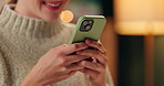 Happy woman, hands and phone at night with social media for communication or research at office. Closeup of female person or employee with smile or typing on mobile smartphone for online chatting