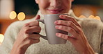 Relax, smile and hands of woman with coffee in house for comfort, smell or me time at night with bokeh. Tea cup, aroma and happy girl in living room for evening chilling, unwind or drinking break
