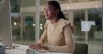 African woman, typing and office in night with computer, keyboard and overtime for article at media company. Writer, editor and person with story, planning and draft for newsletter at creative agency