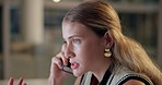 Woman, phone call and frustrated in night at office for question, confused or negotiation for deal. Person, consultant and smartphone for decision, idea or overtime with contact for mobile networking