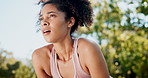 Tired woman, runner and breathing in nature for training, workout and fitness goals, endurance or challenge. Young runner, athlete or African person with fatigue, cardio exercise and break in park