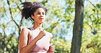 African woman, running and fitness in park for exercise, workout and wellness with health journey. Young person, runner or jogger with training, jogging and energy for sports and cardio in nature