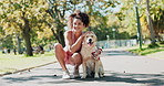 Outdoor, fitness and woman with dog, hug and sunshine with wellness, animal and nature with workout. Person, girl and runner with pet, summer and embrace with training, bonding together and happiness