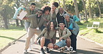 Volunteer, group and excited portrait outdoor with team building of staff with confidence and bonding. Park, laugh and hug with helping for charity and people with about us and smile at garden