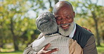 Hello, love and senior couple hug in a park for weekend date, reunion  or bonding with conversation in nature. Greeting, welcome and old people embrace in a forest visit with care, trust and support 