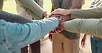 Park, people or hands of volunteers in stack for support, community project or teamwork in nature sustainability. Closeup, recycling target or group of friends in charity service or NGO for pollution