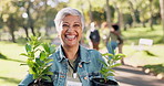 Park, volunteer and portrait of woman with plants in nature for agriculture, sustainability and growth. Happy, mature person and community service in Thailand for ngo project, environment and charity