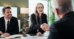 Business people, handshake and welcome with partnership or applause in boardroom with financial deal or onboarding. Professional, employees and team with clapping hands for client sales and thank you