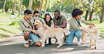 Animal rescue, volunteer and friends at a park with dogs for walking, attention and behavior training in nature. Charity, care and group of vet students in a forest with happy Labrador pet puppies