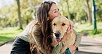 Woman, dog or pet with hugging in street with loyalty, playing and comfort for reward and walking in park. Animal, puppy and embrace in road for companion, bonding and protection in nature with leash