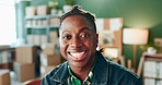 Startup, happy and face of black man for distribution, shipping and logistics for retail store. Small business, professional and portrait of worker for supply chain, ecommerce and delivery boxes