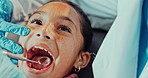 Hands, girl and dentist mirror to check tooth, oral hygiene and appointment with cavity, plaque or tools. Child, kid or patient with dental health, equipment or medical with inspection or gum disease