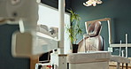 Empty, chair and dental room in clinic with dentistry equipment, appointment and medical office for treatment services or checkup. Furniture, workplace and hospital for oral health and hygiene.