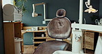 Empty, chair and dental room in clinic with dentistry equipment, appointment and medical office for treatment services or checkup. Furniture, workplace and hospital for oral health and hygiene.